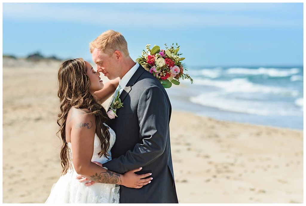 Outer Banks wedding portraits, bride and groom on the beach, OBX wedding photos